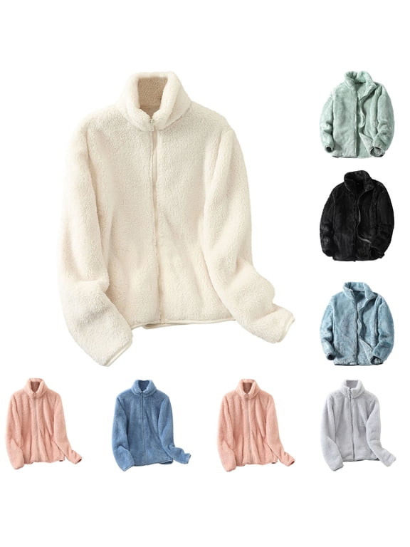 Winter Coats for Women Stand Collar Long Sleeve Zip Up Fleece Jacket Casual Oversized Warm Sherpa Jackets with Pocket Pink L