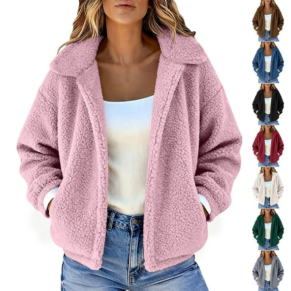 Stamzod Winter Fleece Jacket Women Full Zip Long Sleeve Cropped Jackets with Pocket Solid Color Thicked Warm Coats for Women Blue XL