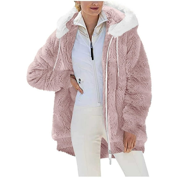 Stamzod Winter Fleece Jacket Women Solid Color Long Sleeve Zip Up Jackets with Pocket Casual Thicked Warm Hooded Coats for Women Pink S