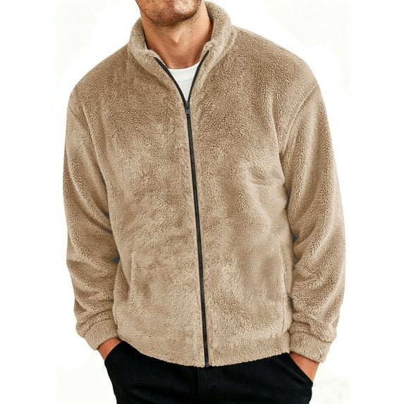 Stamzod Winter Fleece Jackets for Men Solid Color Long Sleeve Zip Up Jacket Outerwear Casual Thicked Warm Coats for Men with Pocket Beige D L