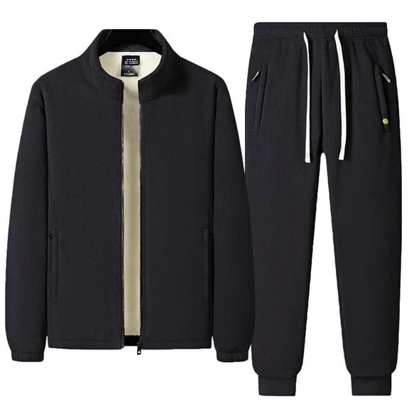 Stamzod Winter Fleece Lined Sweat Suits Men 2 Piece Thicked Warm Stand Collar Jacket and Joggers Casual Track Suits Mens Fashion Clothing Black B XXXL