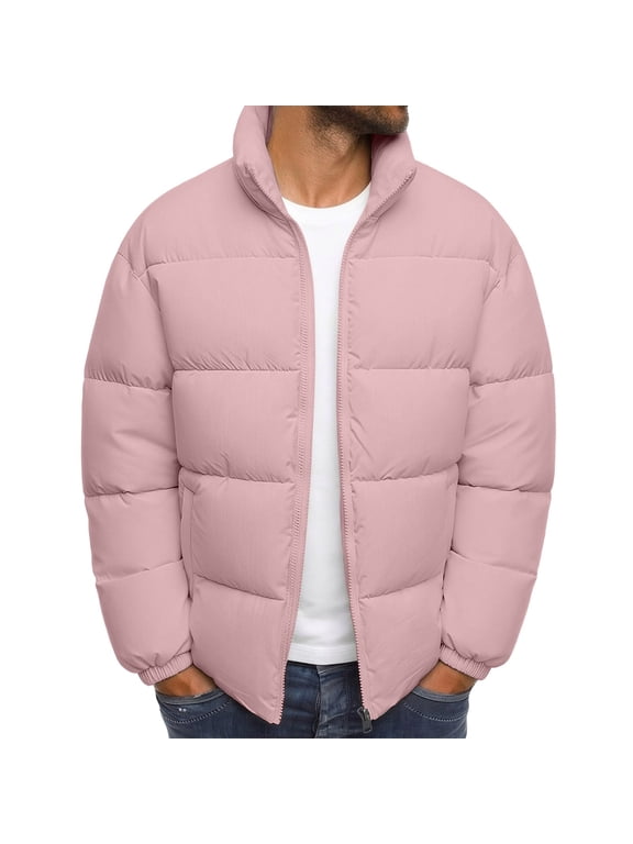 Winter Jackets for Men Casual Warm Thick Quarter Puffer Jacket Men Plus Size Full Zip Coat Pink B XXXXXL