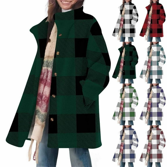 Stamzod Winter Jackets for Women Fashion Plaid Stand Collar Long Sleeve Jacket Outerwear Casual Warm Coat for Women with Pocket Black B XXXL