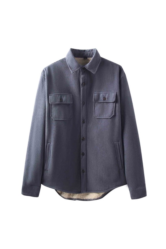 Winter Mens Flannel Shirt Solid Color Fleece Lined Button Up Shirt Men Casual Thicked Warm Shirts with Pocket Navy XL