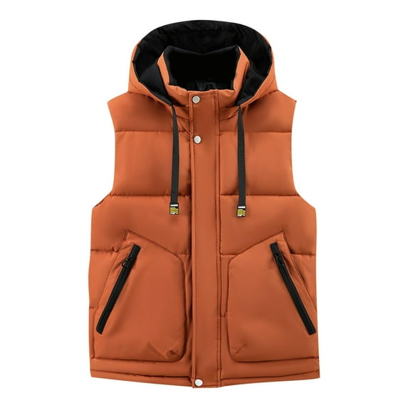 Stamzod Winter Mens Puffer Vest Solid Color Sleeveless Down Waistcoat with Hood Casual Oversized Athletic Vests for Men Orange H L