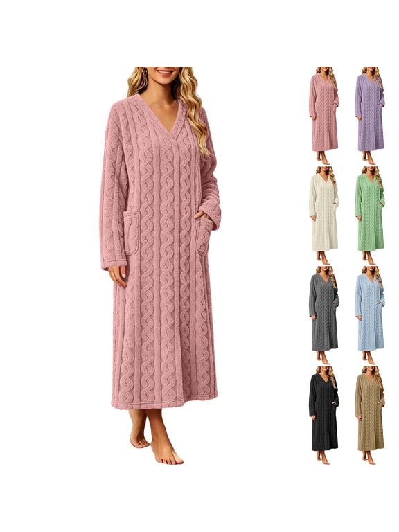Winter Nightgowns for Women Loose Casual Comfy Fleece Night Dress Bathrobe Warm Thick Long Night Gowns with Pocket L
