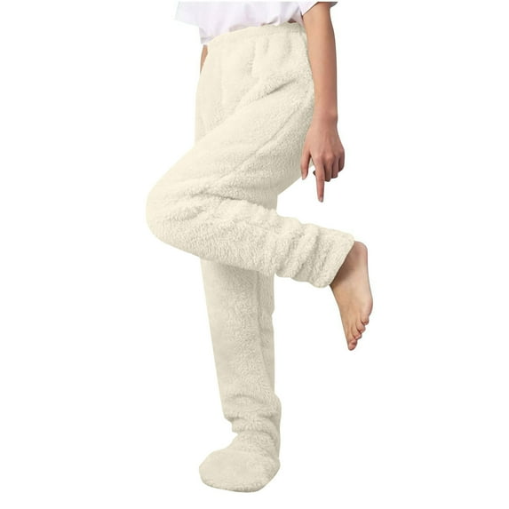 Stamzod Winter Pants for Women Fashion Solid Color Elastic Waist Footed Fleece Pants Women Casual Thicked Warm Sweatpants with Pocket Beige XL