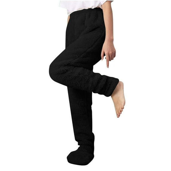 Stamzod Winter Pants for Women Fashion Solid Color Elastic Waist Footed Fleece Pants Women Casual Thicked Warm Sweatpants with Pocket Black S