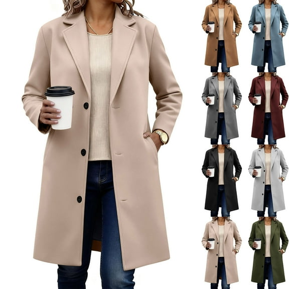 Stamzod Winter Pea Coats for Women Solid Color Long Sleeve Single Breasted Wool Coats with Pocket Dressy Casual Peacoat Womens Coat Black M