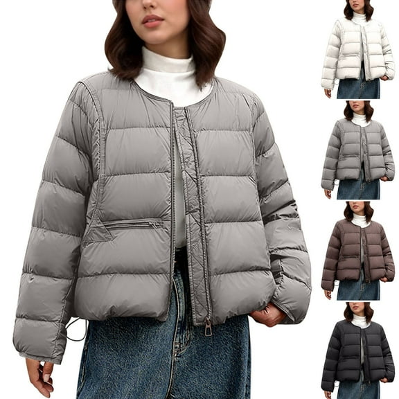 Stamzod Winter Puffer Jacket Womens Solid Color Crewneck Long Sleeve Zip Up Quilted Jacket Casual Thicked Warm Cropped Jackets for Women Gray L