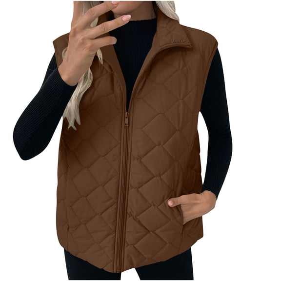 Stamzod Winter Puffer Vest Women Trendy Fashion Solid Color Warm Vests with Pocket Sleeveless Down Jacket Women Outerwear Brown M
