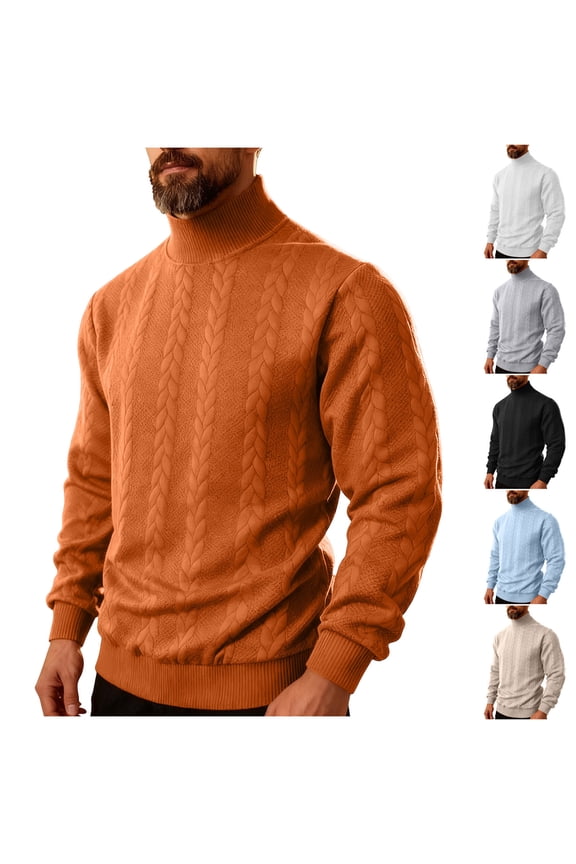Winter Sweaters for Men Solid Color High Neck Long Sleeve Pullover Sweater Casual Loose Fit Knitted Sweater Men Fall Sweaters Orange E M