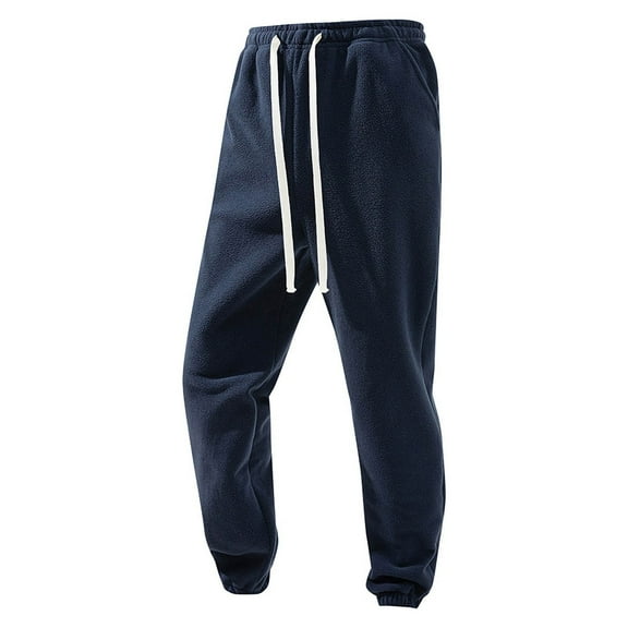Stamzod Winter Sweatpants for Men Solid Color Elastic Waist Flannel Gym Pants Men Casual Thicked Warm Joggers with Drawstring Dark Blue M