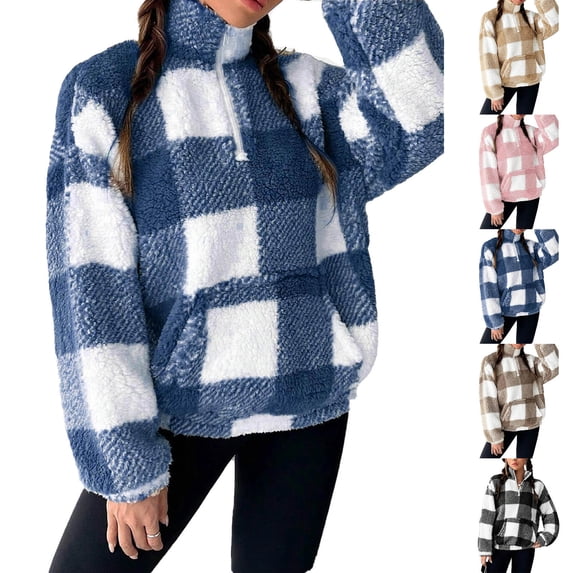 Stamzod Winter Sweatshirt for Women Fashion Plaid Printed Long Sleeve Sweatshirts Casual Quarter Zip Pullover Women Clothes Khaki L
