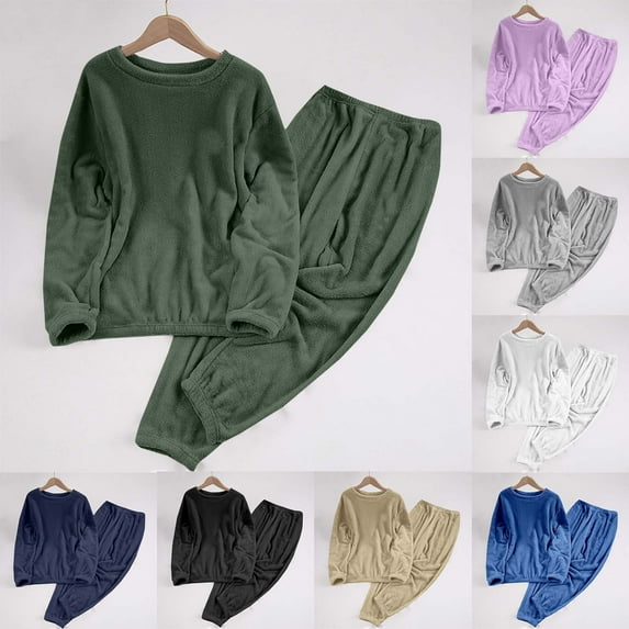 Stamzod Winter Thicked Warm Pajama Sets for Women 2 Piece Solid Color Crewneck Long Sleeve Tops and Pajama Pants Nightwear Casual Women's Pajamas Sleepwear Khaki F L