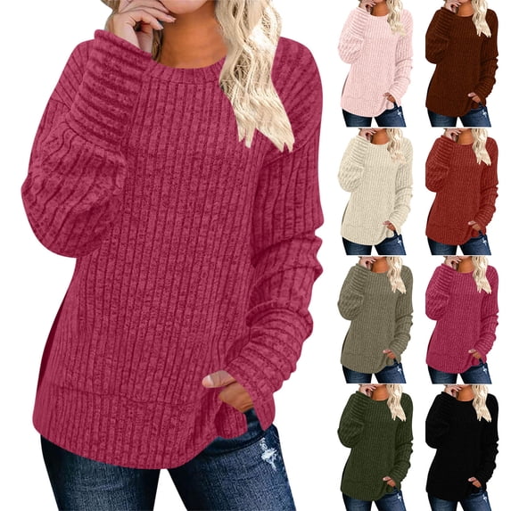 Stamzod Winter Tops for Women 2025 Crewneck Long Sleeve Pullover Sweaters Solid Color Casual Plus Size Blouses for Women Beige 2X-Large