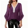 thumbnail image 1 of Stamzod Women Blouses Fashion Hot Gold Edge V Neck Mesh 3/4 Length Sleeve Womens Tops Party Wedding Casual Top Purple M, 1 of 8