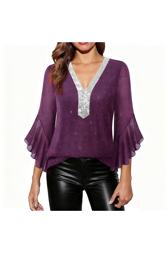 Women Blouses Fashion Hot Gold Edge V Neck Mesh 3/4 Length Sleeve Womens Tops Party Wedding Casual Top Purple XXL