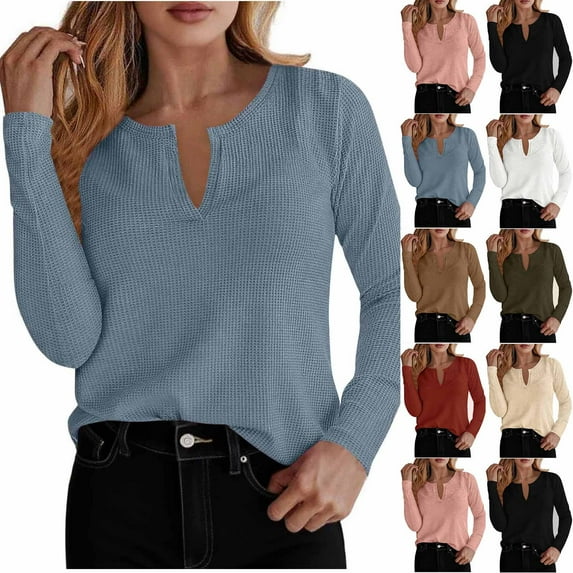 Stamzod Women Blouses Fashion Solid Color V Neck Loose Fit Dressy Tops for Women Casual Long Sleeve Work Shirts Black B S