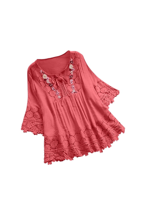 Women Boho Blouses Crewneck 3/4 Sleeve Pullover Tops Vintage Lace Patchwork Cotton and Linen Top Women's Clothing Watermelon Red-6 M