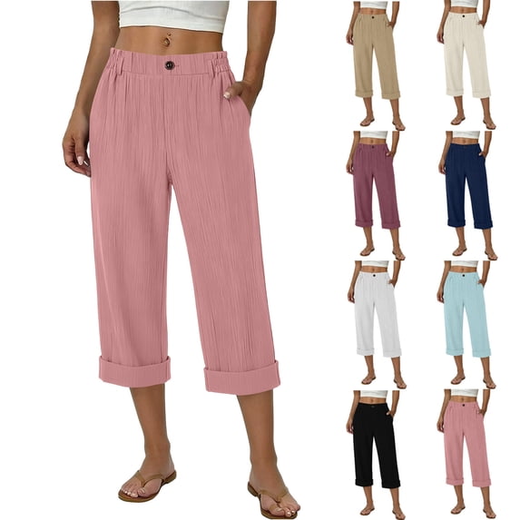 Stamzod Women Capri Pants 2026 Summer Straight Wide Leg Capris Beach Vacation Casual Cropped Trouser White C L