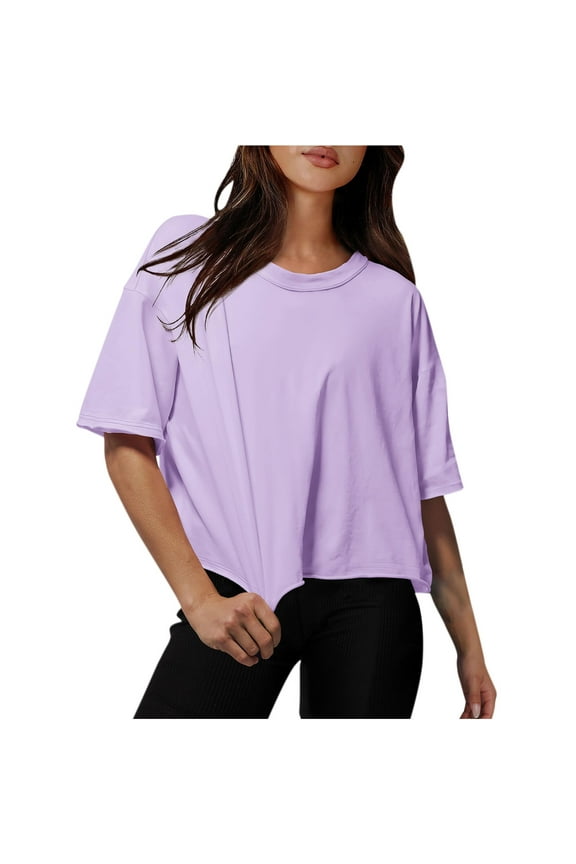 Women Drop Shoulder Round Neck Oversized Crop Tops Workout Tops Tees