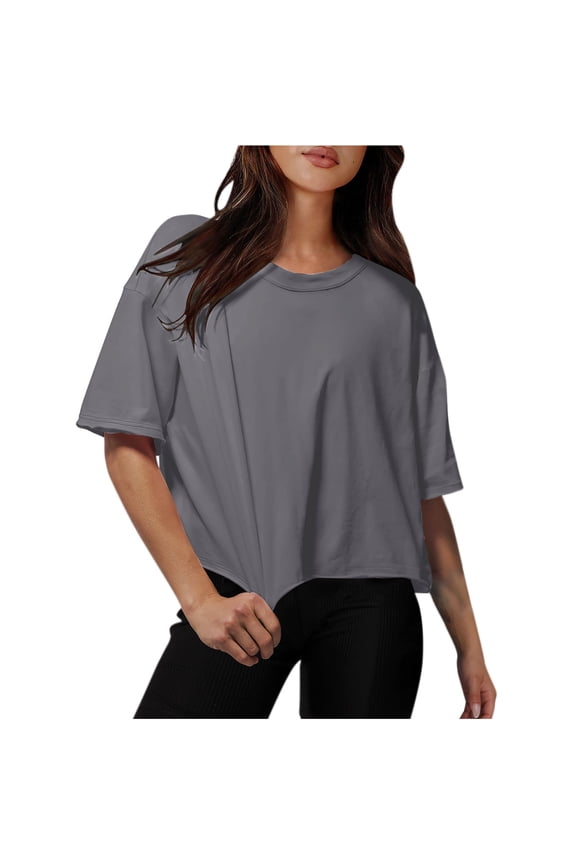 Women Drop Shoulder Round Neck Oversized Crop Tops Workout Tops Tees