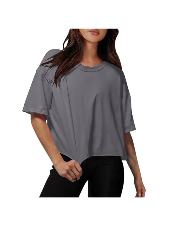 Women Drop Shoulder Round Neck Oversized Crop Tops Workout Tops Tees