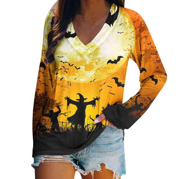 Stamzod Women Halloween Shirt V-Neck Long Sleeve Pullover Tops Fall Casual Witch Graphic Tee Shirts for Women Trendy 2025 Orange D L