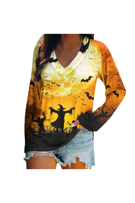 Women Halloween Shirt V-Neck Long Sleeve Pullover Tops Fall Casual Witch Graphic Tee Shirts for Women Trendy 2025 Orange D L