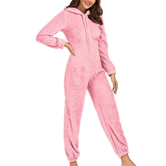 Stamzod Women Long Sleeve Hooded with Pocket Jumpsuit Pajamas Casual Winter Warm Rompe Sleepwear Pink C S