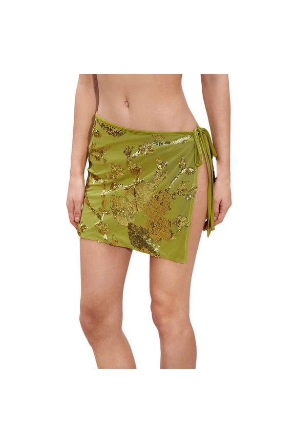 Women Sarong Swimsuit Coverups Sequin Bikini Wraps Beach Bathing Suit Cover Up Mini Skirt Women's Swimwear Green M