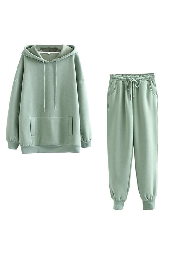 Women Sets 2 Piece Outfits Pants Leisure Tops Sets Hooded Solid Color Long Sleeve Long Pants Drawstring with Pocket Tracksuit Suits