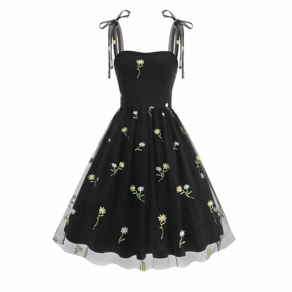 Stamzod Women Summer Floral Midi Dress formal Elegant Cocktail Swing Dresses Cute Tea Party Dress Black E XL