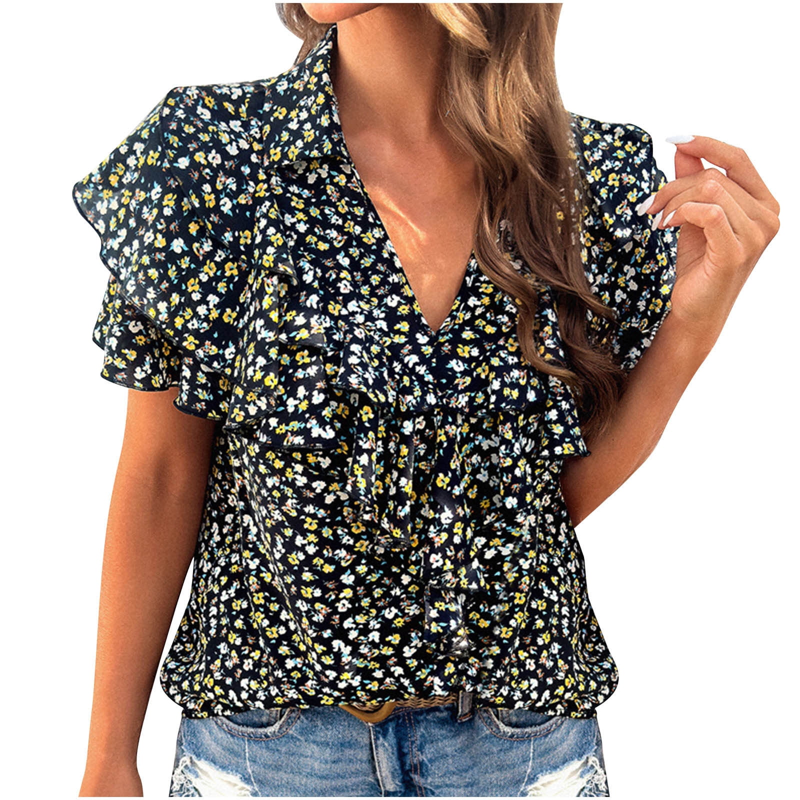 Mansy Women's Summer Ruffle Sleeve Top – Eyelet V-Neck Tunic Blouse, Casual & Dressy, Polyester