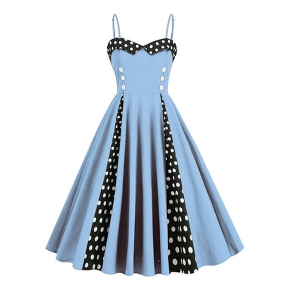 Stamzod Women's 1950S Retro Vintage Cocktail Swing Dresses with Pocket Spaghetti Strap Polka Audrey Dresses for Women on Clearance Light Blue XL