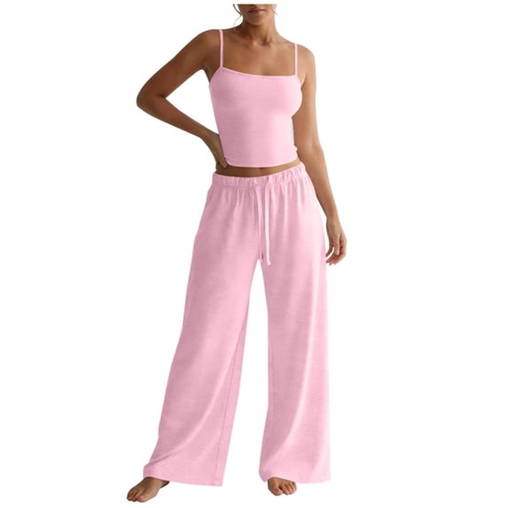 Stamzod Women's 2 Piece Matching Lounge Set Camisole Tops & Wide Leg Pants Yoga Casual Sweatsuits 2026 Vacation Travel Outfits Pink L