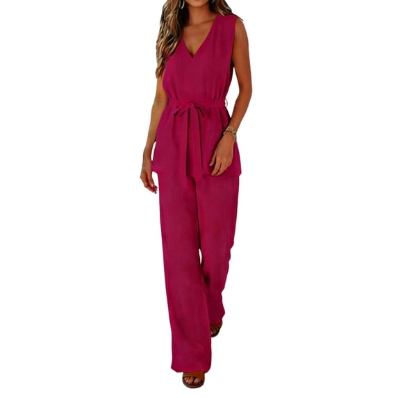 Stamzod Women's 2 Piece Summer Outfits 2026 Sleevelss V Neck Belted Tops Wide Leg Pant Sets Casual Vacation Travel Outfits Hot Pink C S