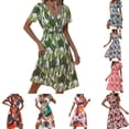 thumbnail image 1 of Stamzod Women's 2025 Summer Casual Dress Short Sleeve Boho Ditsy Floral Print Midi Dress Deep V Neck Waist Vintage Beach Sundress Green XL, 1 of 6