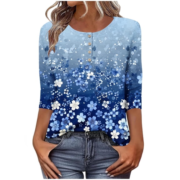Stamzod Women's 3/4 Sleeve Tops Spring & Fall Crewneck Floral Top Daily Casual Lightweight Tops & Blouses Dark Blue XXL