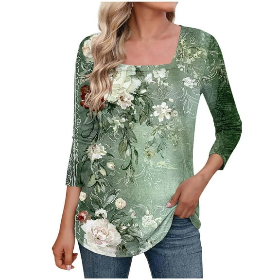 Stamzod Women's 3/4 Sleeve Tops Summer Square Neck Floral Blouses Loungewear Casual Loose Plus Size Spring Clothes for Women Army Green XXXXL