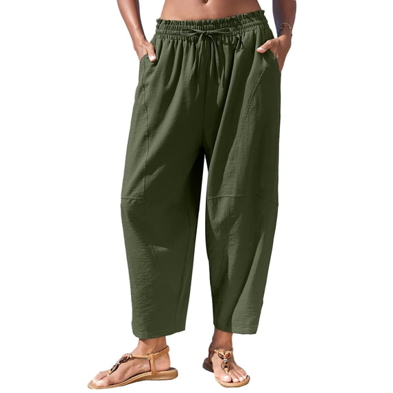 Stamzod Women's Barrel Pants Summer Elastic Waist Wide Leg Pants Casual Vacation Beach Trousers with Pockets Army Green S