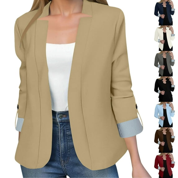 Stamzod Women's Blazers & Suit Jackets Solid Color Long Sleeve Open Front Business Casual Jacket Officewear Coats for Women Khaki XL