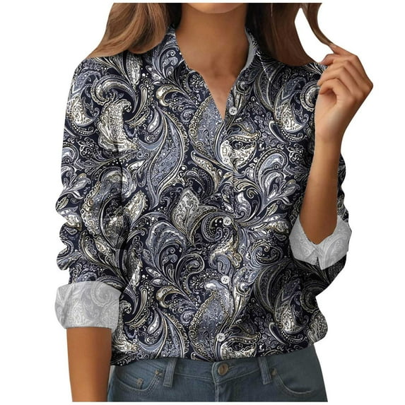 Stamzod Women's Blouses & Button-Down Shirts Fashion Vintage Printed Turndown Work Shirt Loungewear Casual Spring Long Sleeve Tops for Women Trendy Blue G M