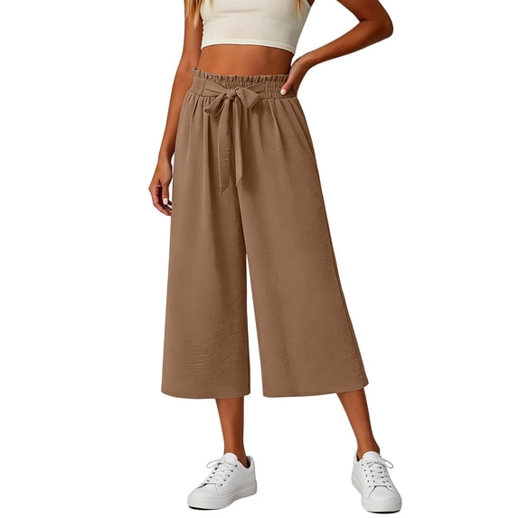 Stamzod Women's Capri Pants Summer Casual Loose Palazzo Wide Leg Capri Pants with Pockets Fashion Clothing Khaki-4 XL