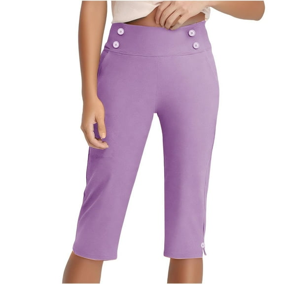 Stamzod Women's Capri Pants Summer Solid Color Elastic Waist Straight Plus Size Capris with Pocket Casual Slim Fit Stretch Yoga Cropped Pants for Women Purple C XXXL