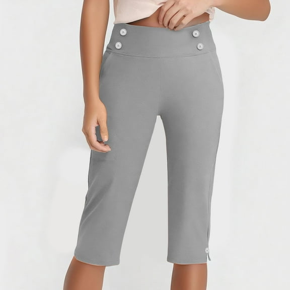 Stamzod Women's Capri Pants Summer Solid Color Elastic Waist Straight Plus Size Capris with Pocket Casual Slim Fit Stretch Yoga Cropped Pants for Women Gray C L