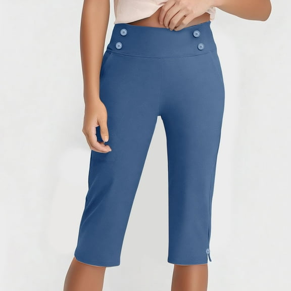 Stamzod Women's Capri Pants Summer Solid Color Elastic Waist Straight Plus Size Capris with Pocket Casual Slim Fit Stretch Yoga Cropped Pants for Women Blue C XXXL