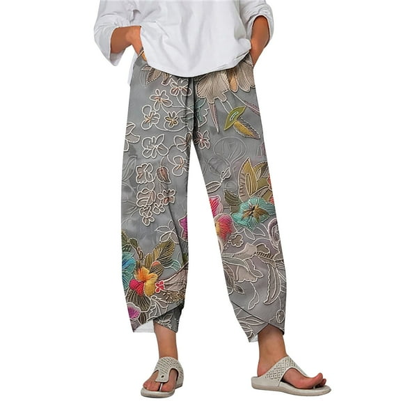 Stamzod Women's Capris Fashion Vintage Printed Casual Loose Straight Capri Pants Loungewear Summer Elastic Waist Cropped Pants for Women with Pockets Multicolor E L