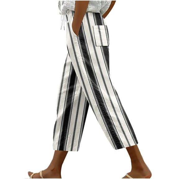 Stamzod Women's Capris with Pockets Fashion Strip Printed Stretch Waist Beach Vacation Cropped Pants Summer Loungewear Casual Loose Plus Size Straight Capri Pants for Women Multicolor-28 L